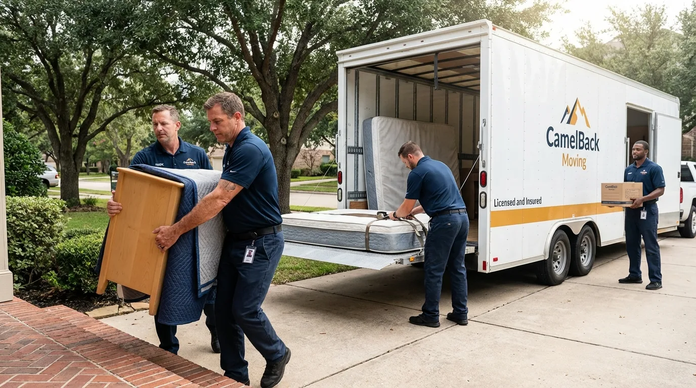Crew loading residential truck for cross-state move from Belvidere, IL