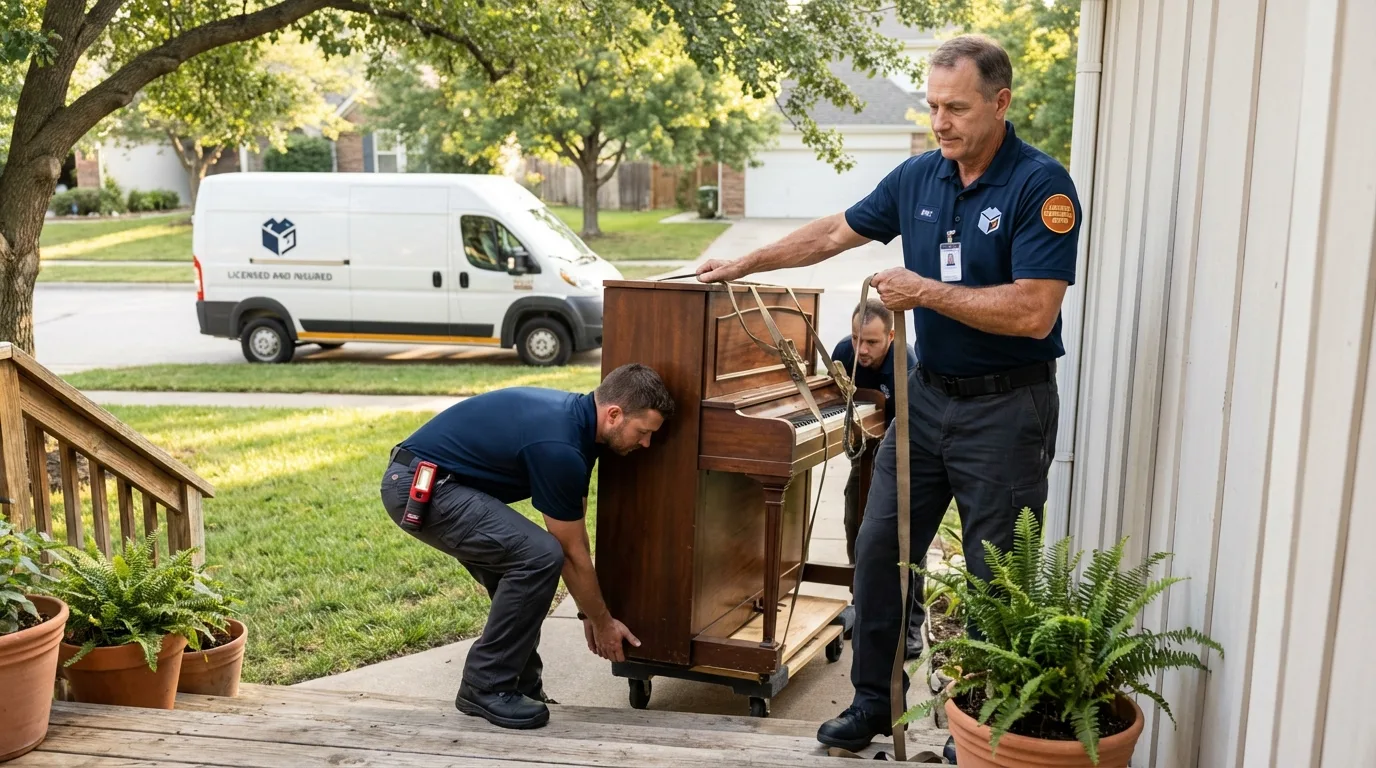 Licensed piano movers securing grand piano in Belvidere, IL