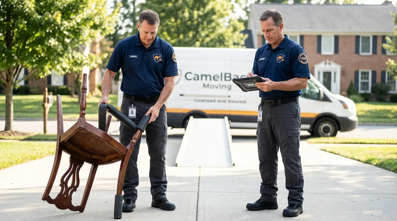 Movers inspecting furniture for damage prevention before loading in Belvidere, IL